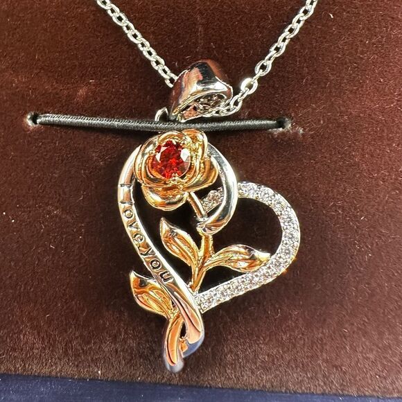 NIB, RG/WG Rose and Heart "I love you" 18k GP over 925 necklace! - Picture 8 of 11